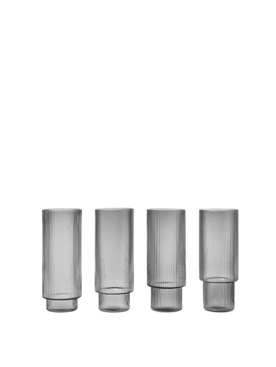 Ferm Living Ripple Glasses - Set van 4 longdrinkglazen - Smoked grey