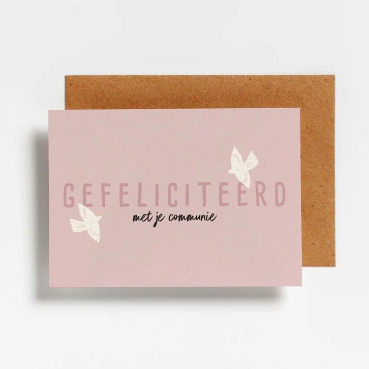 Hello August Postkaartje - Gefeliciteerd met je communie (roze)