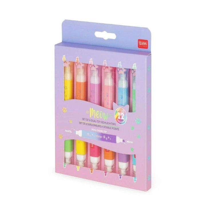 Legami Meow highlighters - 6 markeerstiften met dubbele punt (neon/pastel)