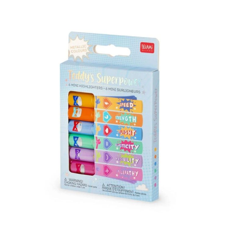 Legami Teddy's Superpower - 6 mini markeerstiften - Metallic