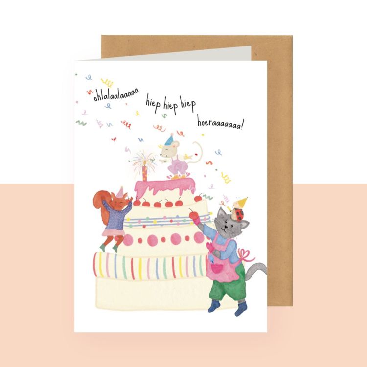 Studio Bertha Dubbele wenskaart – Ohlalaalaaa hiep hiep hiep hoeraaaaaa!