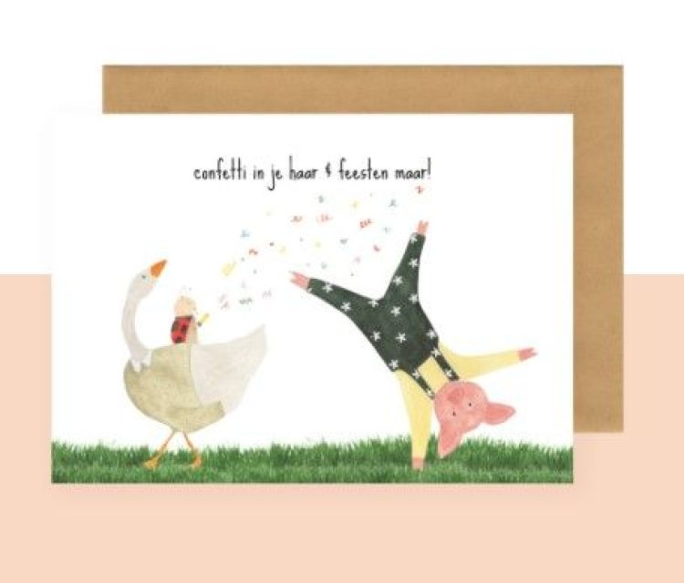 Studio Bertha Postkaart - Confetti in je haar & feesten maar!