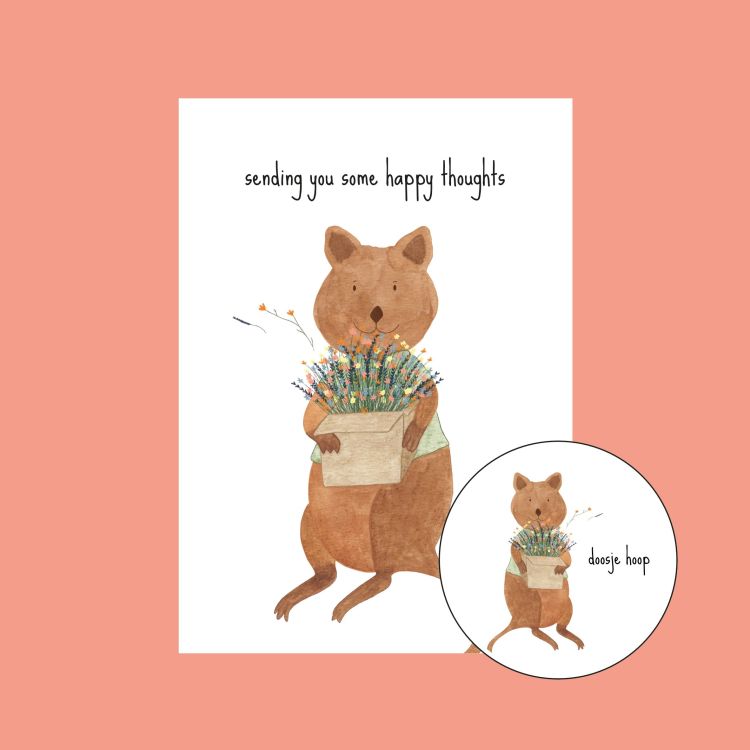 Studio Bertha Postkaart - Sending you some happy thoughts + button: doosje hoop