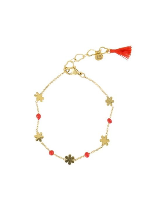 Zusss Armband met bloemen - Oranjerood/ goud